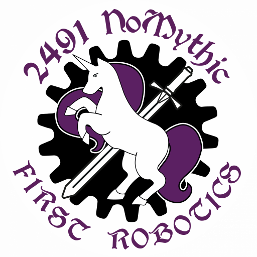 A rearing unicorn atop a gear. A sword sits behind the unicorn evoking a "No" sign. The text 2491 NoMythic wraps across the top and FIRST Robotics across the bottom